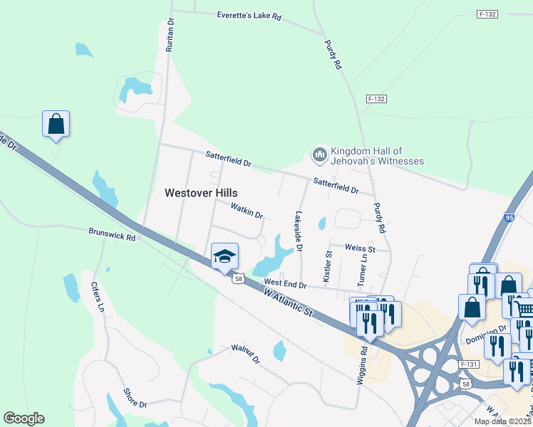 map of restaurants, bars, coffee shops, grocery stores, and more near 1502 Watkin Drive in Emporia
