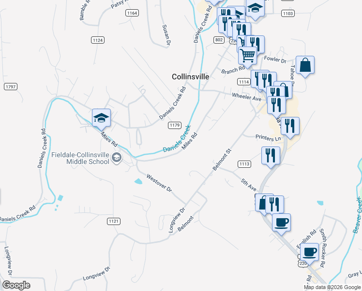 map of restaurants, bars, coffee shops, grocery stores, and more near 310 Miles Road in Collinsville