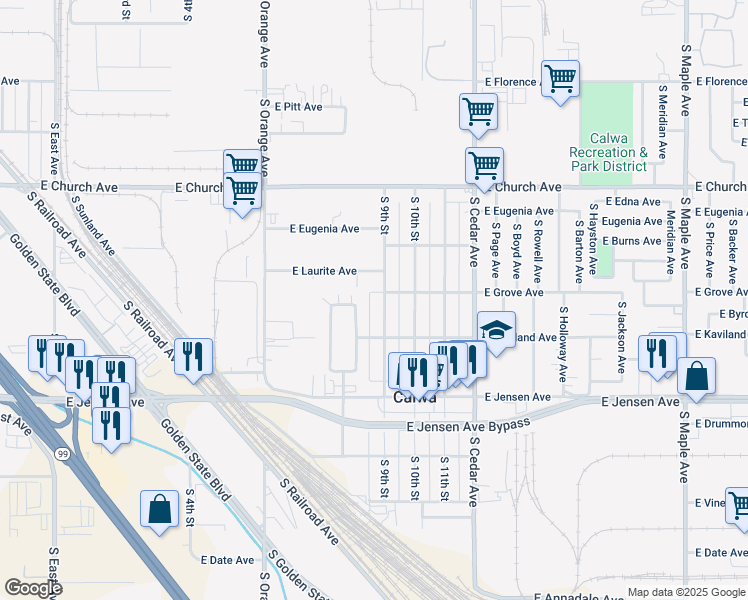 map of restaurants, bars, coffee shops, grocery stores, and more near in Calwa