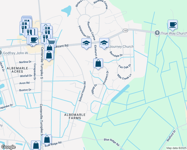 map of restaurants, bars, coffee shops, grocery stores, and more near 1601 Burton Place in Chesapeake