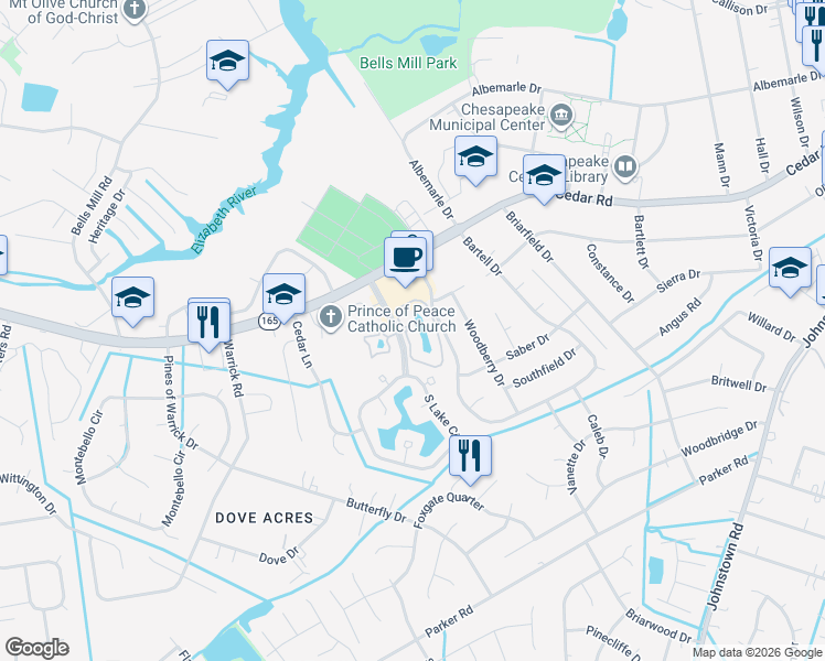 map of restaurants, bars, coffee shops, grocery stores, and more near 543 East Lake Circle in Chesapeake