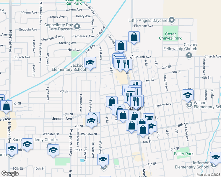 map of restaurants, bars, coffee shops, grocery stores, and more near 362 O Street in Sanger