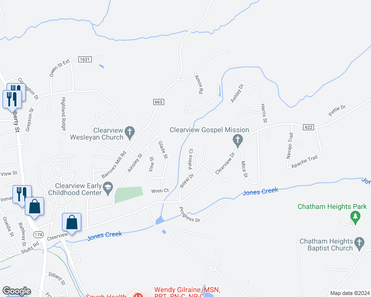 map of restaurants, bars, coffee shops, grocery stores, and more near 999 Palace Court in Martinsville