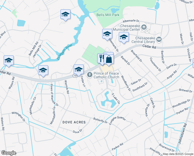 map of restaurants, bars, coffee shops, grocery stores, and more near 642 West Lake Circle in Chesapeake