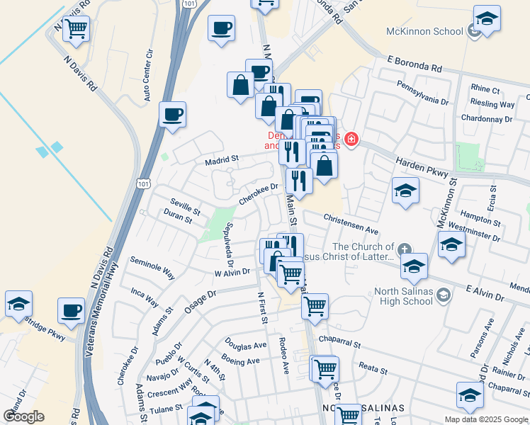map of restaurants, bars, coffee shops, grocery stores, and more near 1840 Cherokee Drive in Salinas