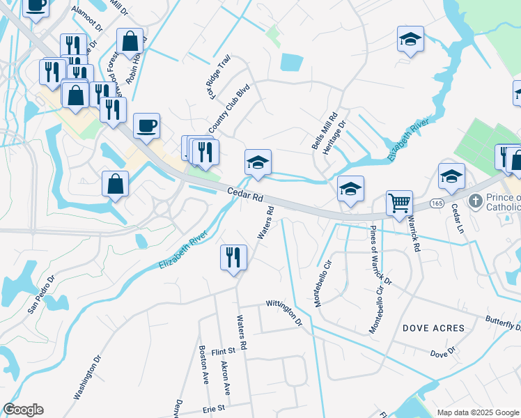 map of restaurants, bars, coffee shops, grocery stores, and more near 921 Cedar Road in Chesapeake