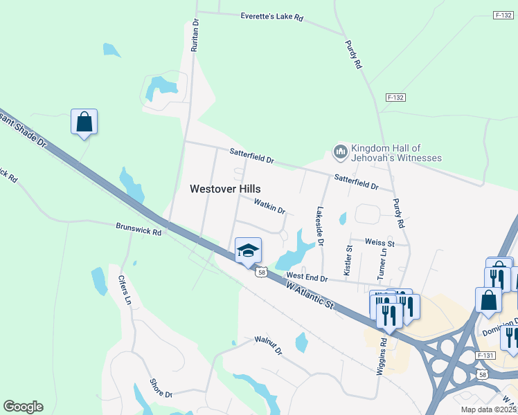 map of restaurants, bars, coffee shops, grocery stores, and more near 1513 Watkin Drive in Emporia