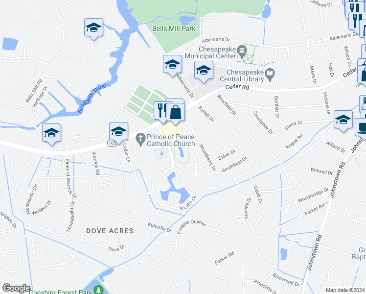 map of restaurants, bars, coffee shops, grocery stores, and more near 447 East Lake Circle in Chesapeake