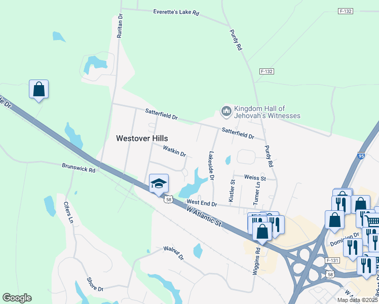 map of restaurants, bars, coffee shops, grocery stores, and more near 1502 Watkin Drive in Emporia