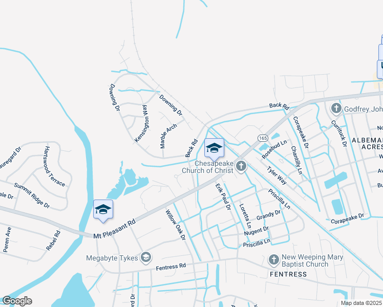 map of restaurants, bars, coffee shops, grocery stores, and more near 1025 Back Road in Chesapeake