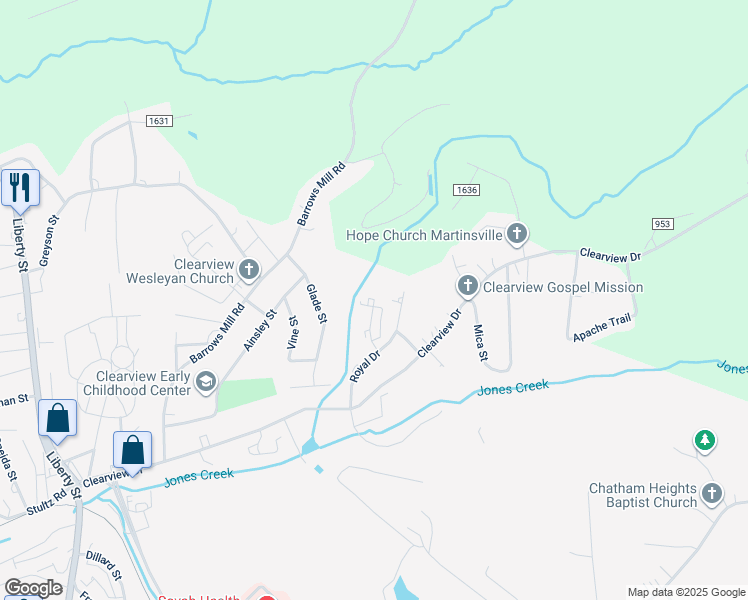 map of restaurants, bars, coffee shops, grocery stores, and more near 999 Palace Court in Martinsville