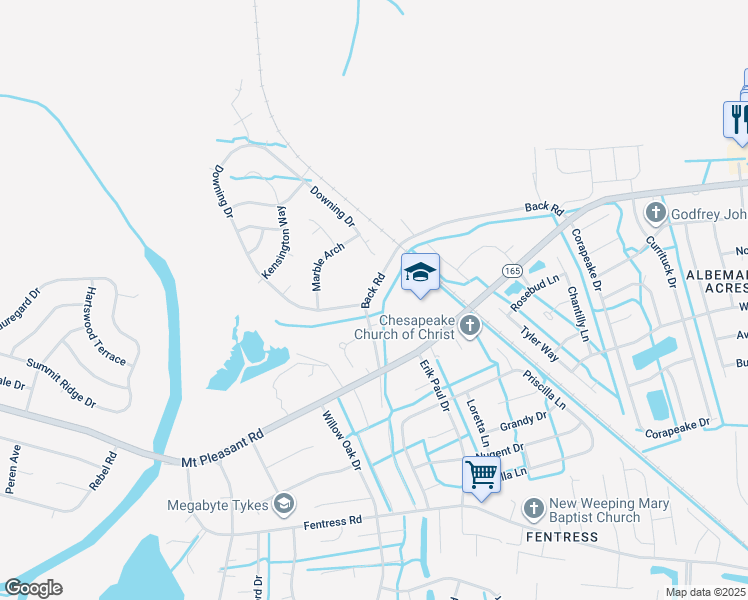 map of restaurants, bars, coffee shops, grocery stores, and more near 1025 Back Road in Chesapeake