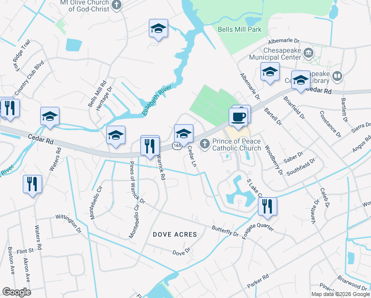 map of restaurants, bars, coffee shops, grocery stores, and more near 640 Virginia 165 in Chesapeake