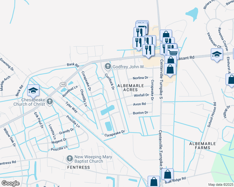 map of restaurants, bars, coffee shops, grocery stores, and more near 440 Fairfield Drive in Chesapeake