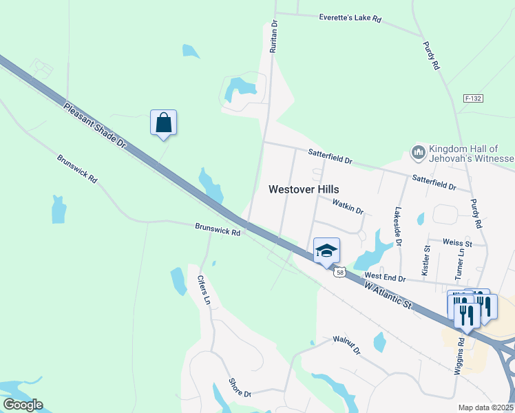 map of restaurants, bars, coffee shops, grocery stores, and more near 79 Ruritan Drive in Emporia