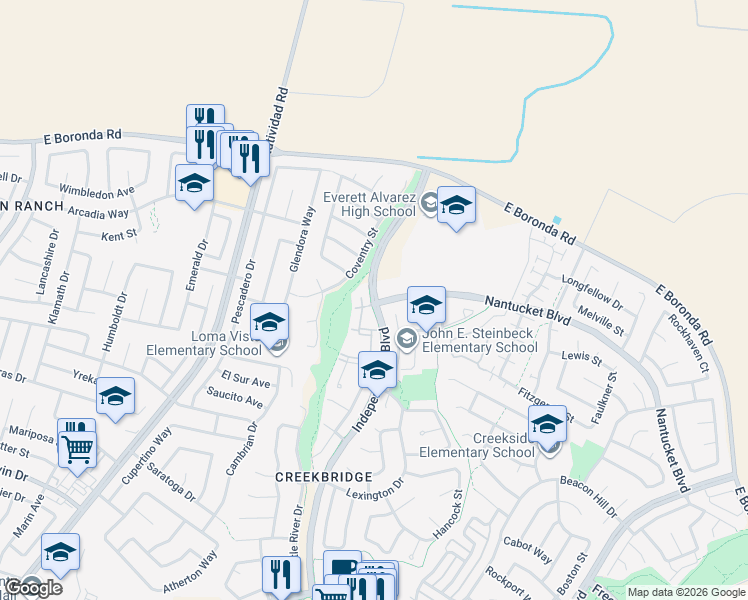 map of restaurants, bars, coffee shops, grocery stores, and more near 1218 Independence Boulevard in Salinas