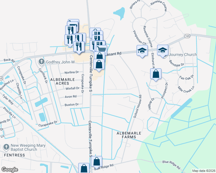 map of restaurants, bars, coffee shops, grocery stores, and more near 406 Inkwell Court in Chesapeake