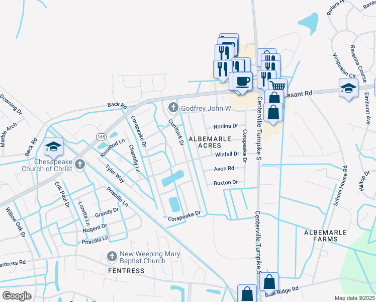 map of restaurants, bars, coffee shops, grocery stores, and more near 440 Fairfield Drive in Chesapeake
