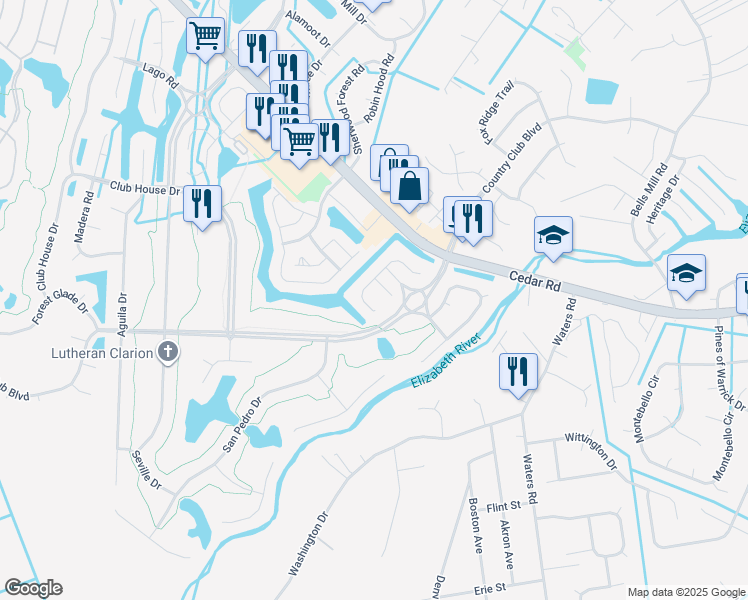 map of restaurants, bars, coffee shops, grocery stores, and more near 1216 San Roman Court in Chesapeake
