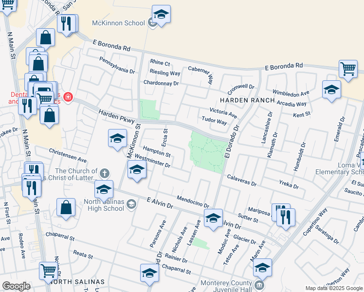 map of restaurants, bars, coffee shops, grocery stores, and more near 1612 Devonshire Way in Salinas