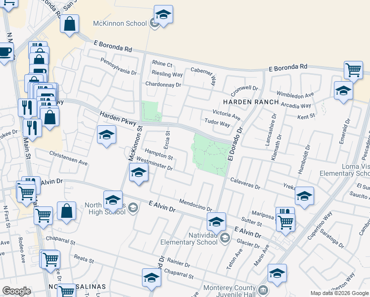 map of restaurants, bars, coffee shops, grocery stores, and more near 1612 Devonshire Way in Salinas