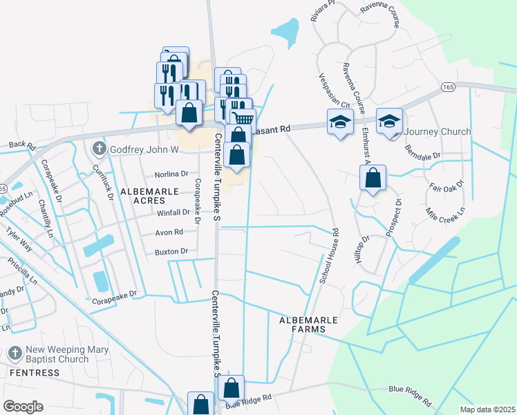 map of restaurants, bars, coffee shops, grocery stores, and more near 406 Inkwell Court in Chesapeake