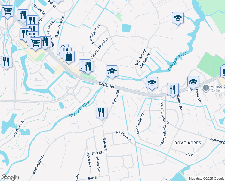 map of restaurants, bars, coffee shops, grocery stores, and more near 921 Cedar Road in Chesapeake