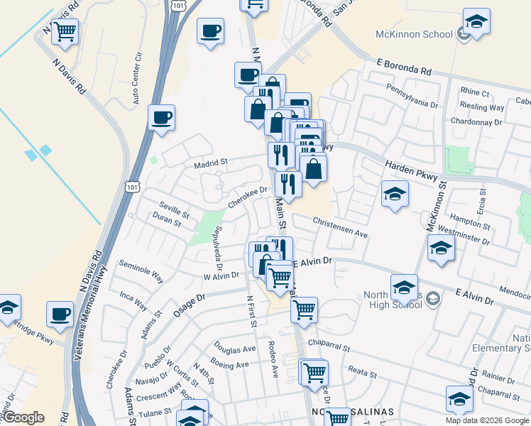 map of restaurants, bars, coffee shops, grocery stores, and more near in Salinas
