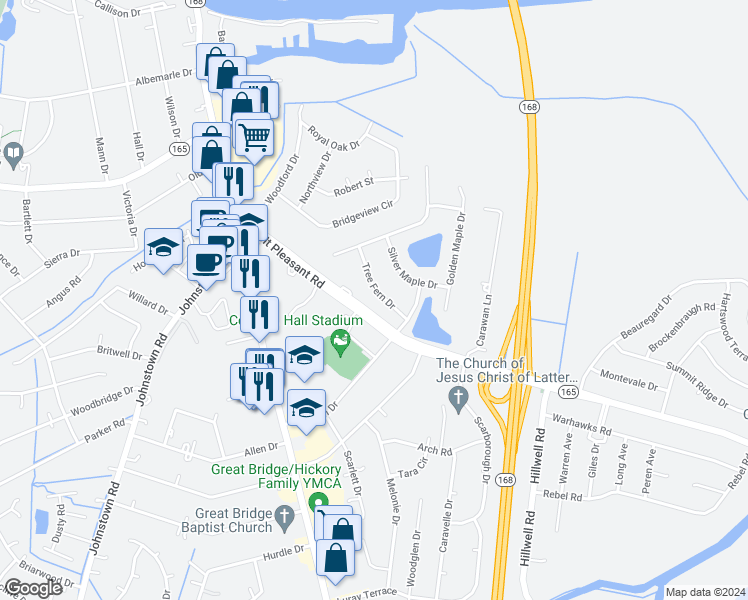 map of restaurants, bars, coffee shops, grocery stores, and more near 218 Tree Fern Drive in Chesapeake