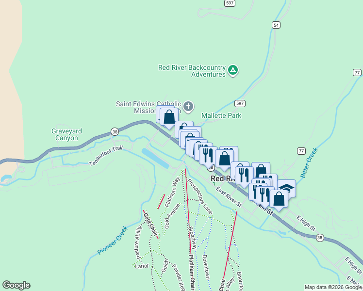 map of restaurants, bars, coffee shops, grocery stores, and more near 100-118 West 8th Street in Red River