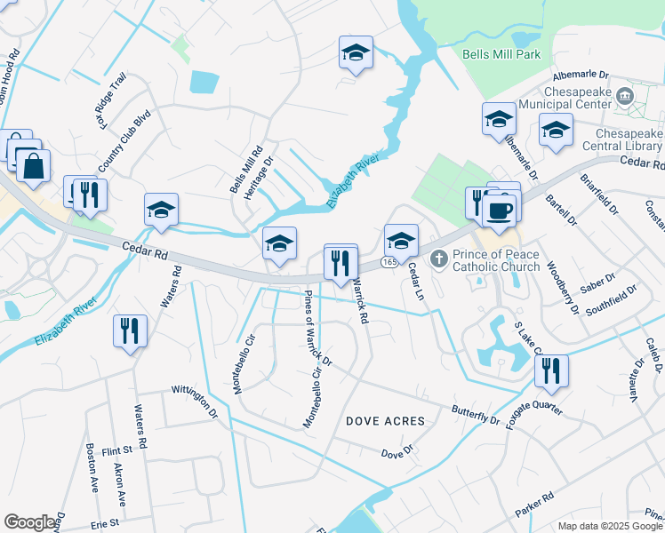 map of restaurants, bars, coffee shops, grocery stores, and more near 215 Cedar Creek Terrace in Chesapeake