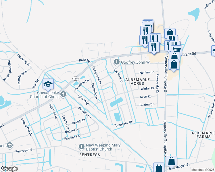 map of restaurants, bars, coffee shops, grocery stores, and more near 1308 Roanoke Arch in Chesapeake