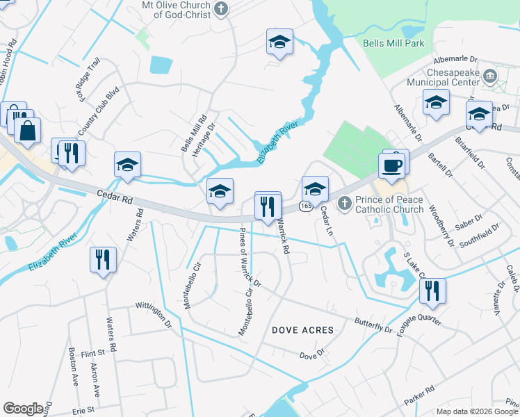 map of restaurants, bars, coffee shops, grocery stores, and more near 201 Cedar Creek Terrace in Chesapeake