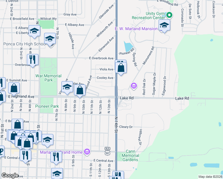 map of restaurants, bars, coffee shops, grocery stores, and more near 145 Parkview Lane in Ponca City