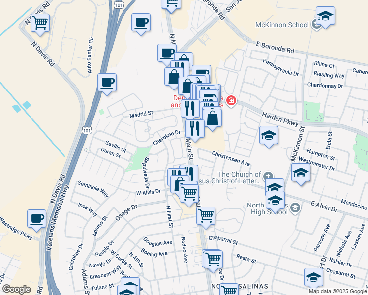 map of restaurants, bars, coffee shops, grocery stores, and more near 1880 Cherokee Drive in Salinas