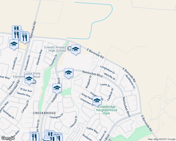 map of restaurants, bars, coffee shops, grocery stores, and more near 949 Nantucket Boulevard in Salinas