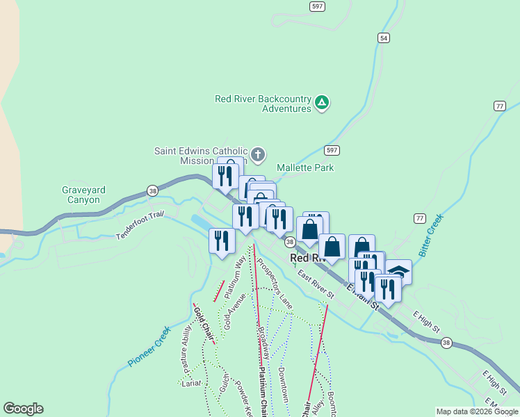 map of restaurants, bars, coffee shops, grocery stores, and more near 100118 West 8th Street in Red River