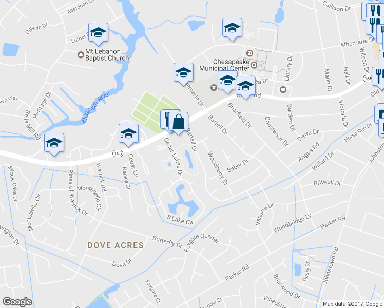 map of restaurants, bars, coffee shops, grocery stores, and more near 423 East Lake Circle in Chesapeake