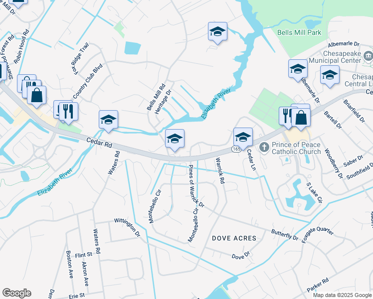 map of restaurants, bars, coffee shops, grocery stores, and more near 702 Basnight Court in Chesapeake