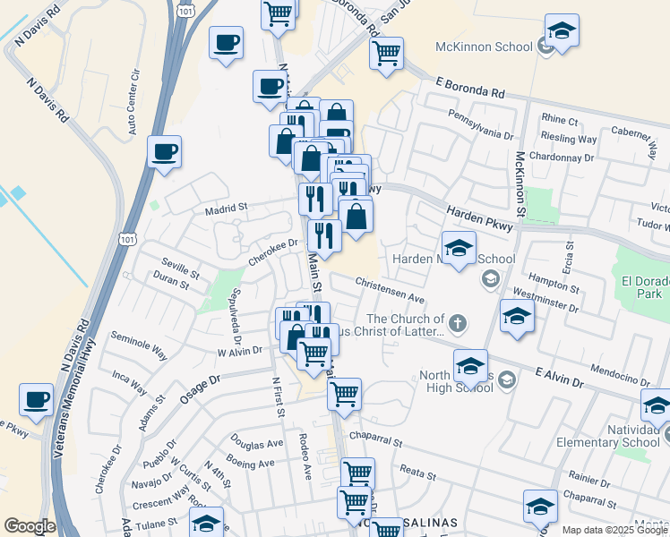 map of restaurants, bars, coffee shops, grocery stores, and more near 19 Christensen Avenue in Salinas