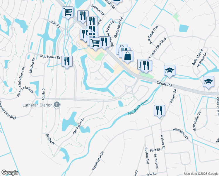 map of restaurants, bars, coffee shops, grocery stores, and more near 434 San Roman Drive in Chesapeake