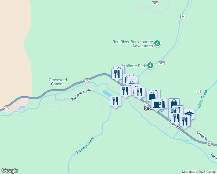 map of restaurants, bars, coffee shops, grocery stores, and more near Caribel Trail in Red River