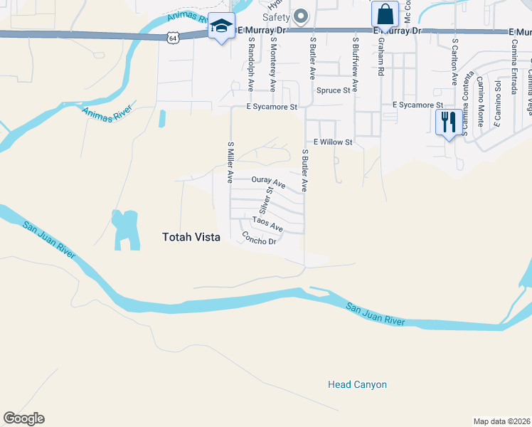 map of restaurants, bars, coffee shops, grocery stores, and more near 403 Pima Avenue in Farmington
