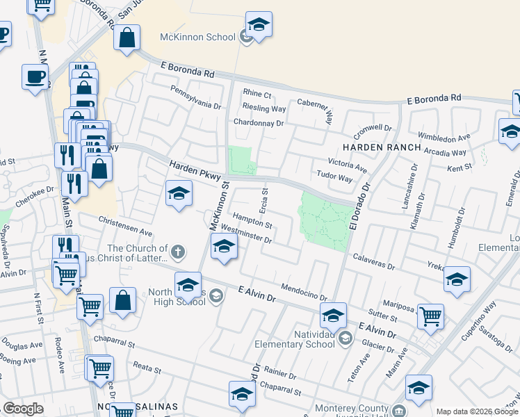 map of restaurants, bars, coffee shops, grocery stores, and more near 21 Harrod Circle in Salinas