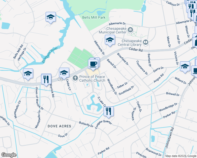 map of restaurants, bars, coffee shops, grocery stores, and more near 423 East Lake Circle in Chesapeake