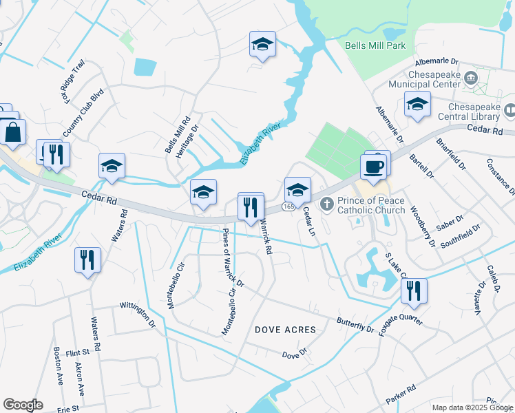 map of restaurants, bars, coffee shops, grocery stores, and more near 708 Mill Landing Road in Chesapeake
