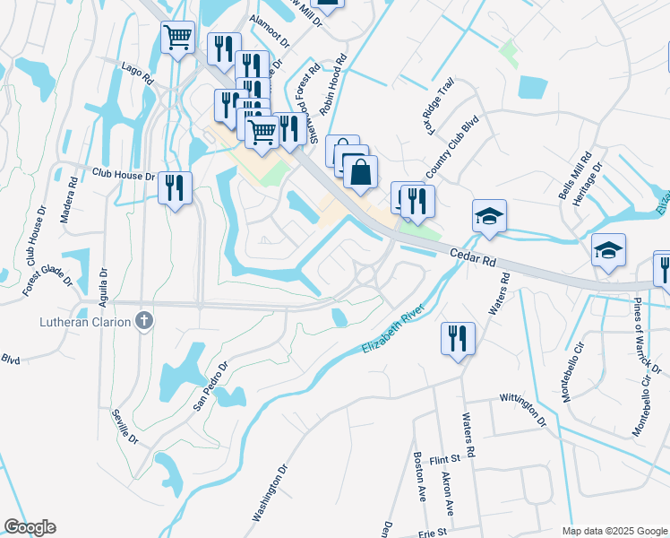 map of restaurants, bars, coffee shops, grocery stores, and more near 1216 San Roman Court in Chesapeake