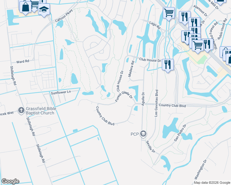 map of restaurants, bars, coffee shops, grocery stores, and more near 1329 Club House Drive in Chesapeake