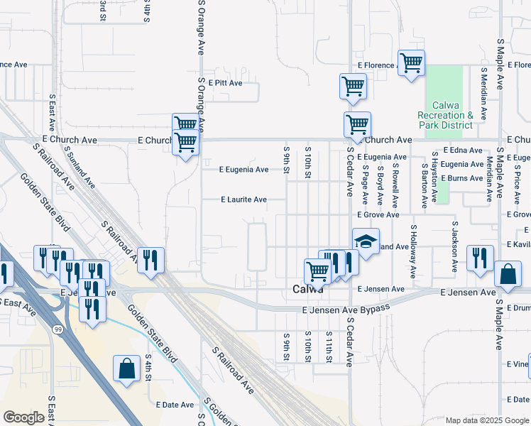 map of restaurants, bars, coffee shops, grocery stores, and more near 3902 East Laurite Avenue in Fresno