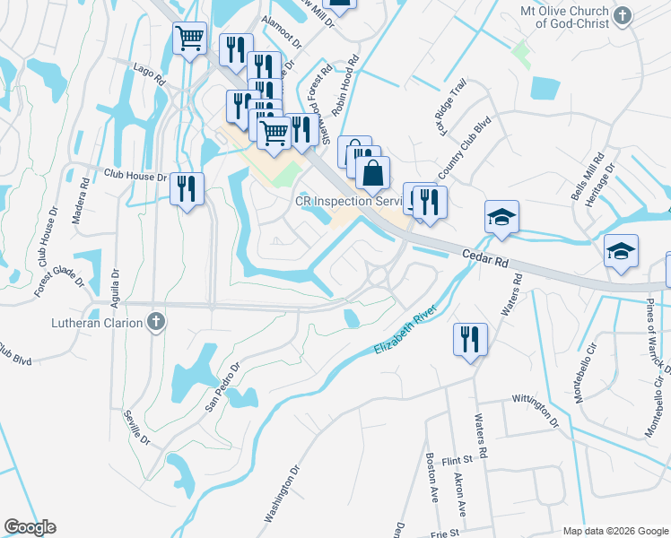 map of restaurants, bars, coffee shops, grocery stores, and more near 434 San Roman Drive in Chesapeake